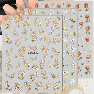 3 To 15 Sheets 5D Embossed Gold Outline Flower Nail Stickers Rose Daisy Spring Blossom Self-Adhesive Floral Decals