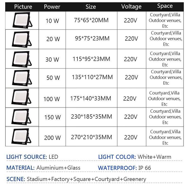 AC220V 10W 20W 30W 50W 100W 200W IP66 Wodoodporna lampa ścieżkowa zewnętrzna Reflektor LED Reflektor zewnętrzny Ogród Weranda Dziedziniec Lampa