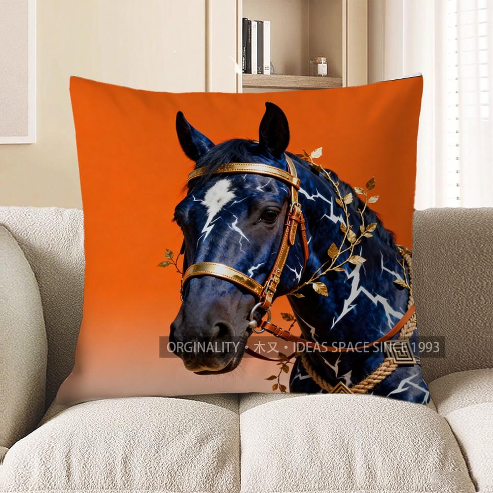 

2D Blue Horse With Lightning And Gold Accents Pillow Pattern Cushion Cover Suitable For Sofa Bedroom Car Pillow Cover 40x40cm
