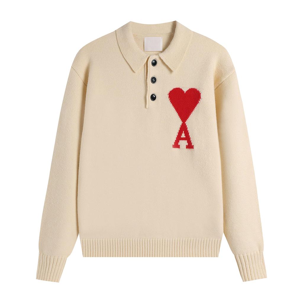 Maglione Unisex in Maglia con Collo a Polo Multicolore con Ricamo a Cuore e A Pullover Casual con Bottoni per Uomo Donna