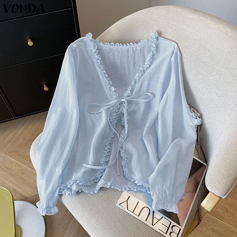 VONDA Women Casual V Neck Loose Long Sleeve Thin Cardigan Blouse