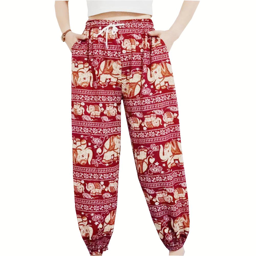 Elephant Jump Pants Pocket Adjustable Elastic High Waistband Strap Unisex Man Women Print Thailand Casual Streetwear Beach Bohemian Retro Vintage