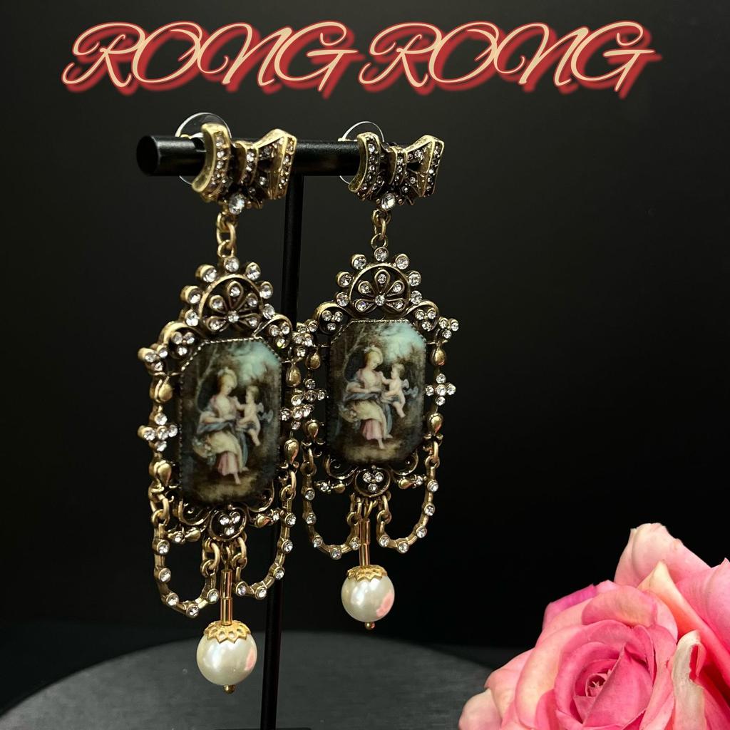 Vintage Hofstil Diamantbesetzte Perlenfigur Porträt Optimierung Ohrringe Westliche antike Vintage mittelalterliche Ohrringe