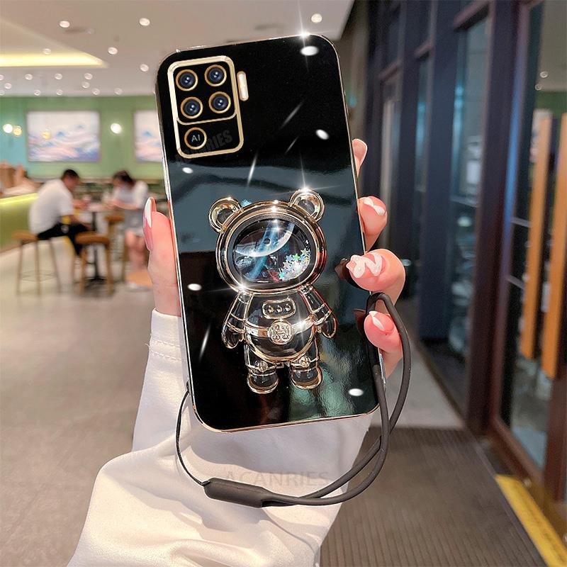 Reno5lite Glitter Astronaut Holder Plating Silicone Case For Oppo Reno 5 6 7 8 Lite 5lite 8t Reno7 A54 A74 4g 5g Lanyard Cover