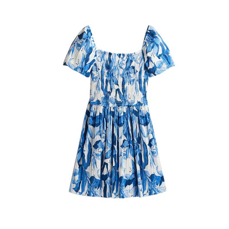 

Summer New Product Women s Clothes Square Collar Lantern Short Sleeve Doll Upper Body Shrink Ruffle Dress 1277412 Blue Florals L