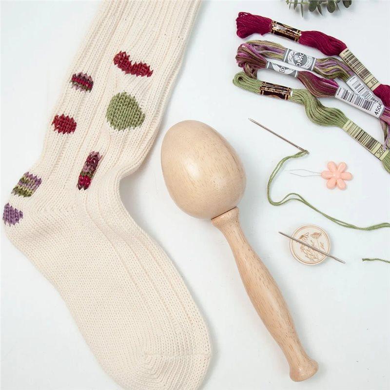 A25F-Darning Mushroom Sewing Tool Wooden Darning Egg & Needle Set Repairing Socks, Hats, Sweaters
