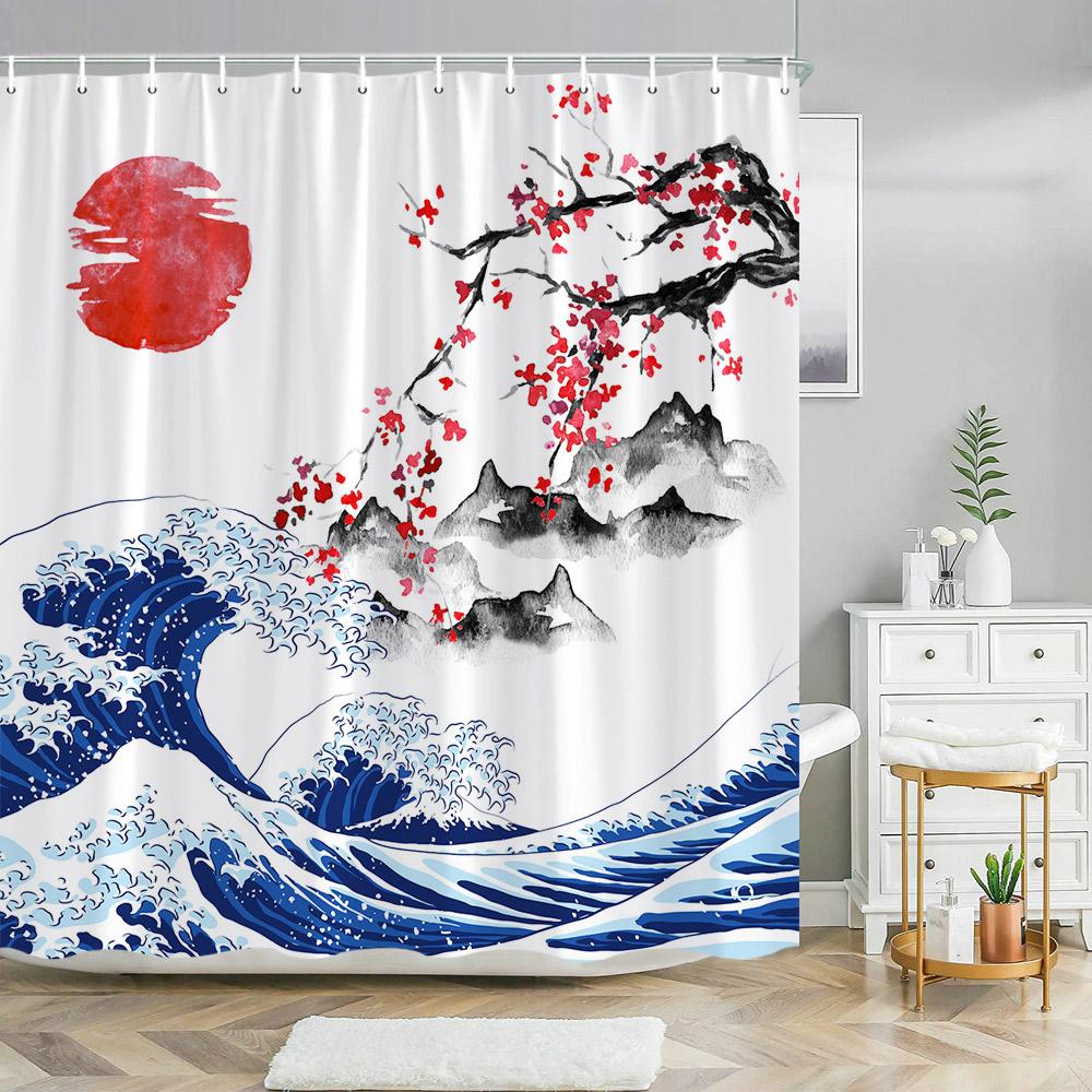 Chinese Landscape Landscape painting Shower Curtain Ink Painting Landscape Polyester Fabric Washable Bath Curtain Bathroom Decor