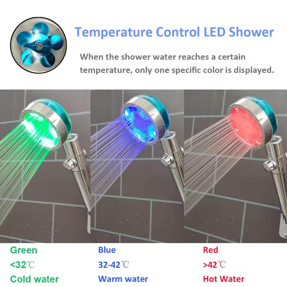 LED Digital Temperature Display Shower Head High Pressure Colors Changes Propeller Showerhead with Adjustable Stop Button Shower