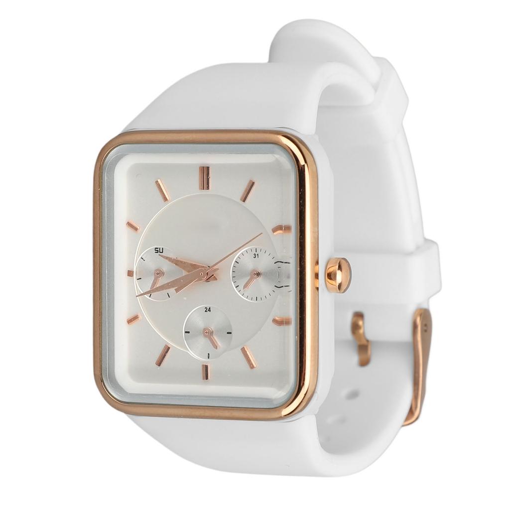 Women Quartz Wrist Watch 3 Sub Dials Water Proof Chronograph Analog Watch Silicone Strap Date Calendar White Rose Gold