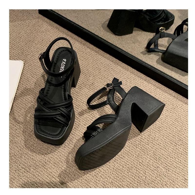 Buckle square head platform sandals summer new square heel open toe cross with high heel sandals women