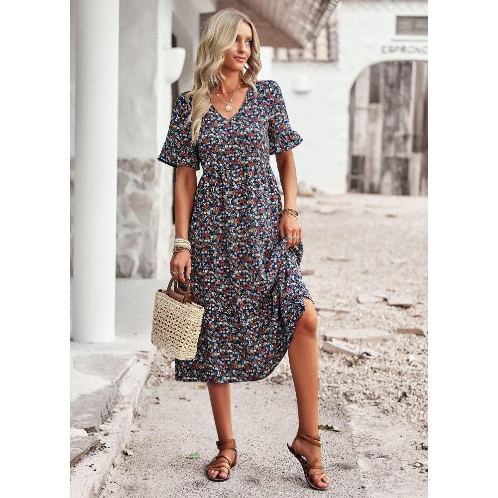 Elegantes V-Ausschnitt Kleid mit kurzen Ärmeln für den Urlaub