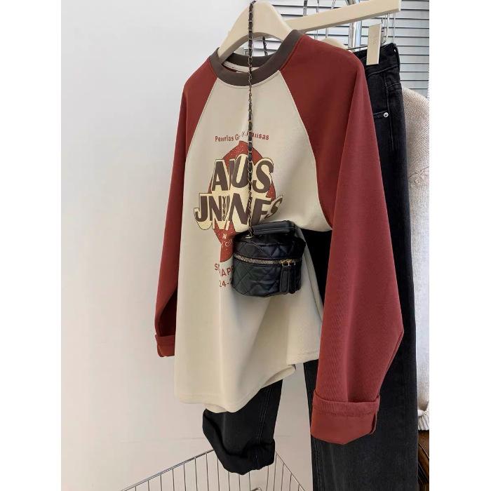 European-Style Plus Size 240 Jin Brushed Raglan Contrast Long Sleeve Women's Thermal Fleece Top for Early Spring/Autumn