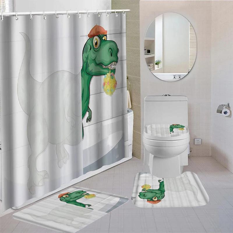 Dinosaur Bathroom Waterproof Shower Curtain Sets With Non-Slip Mat Rug Durable Bath Carpet Lid Toilet Cover Door Mats Bathing