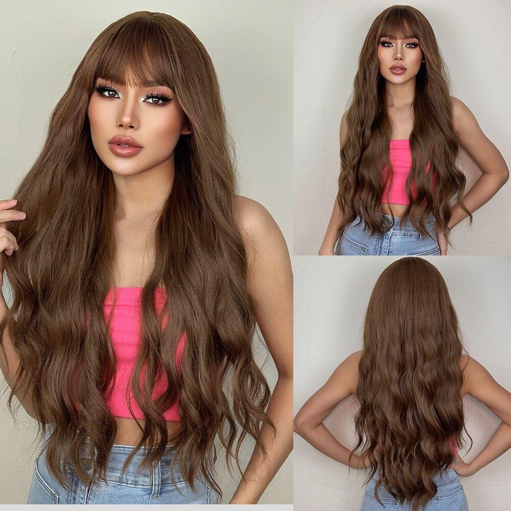 EASIHAIR Long Dark Brown Wavy Wigs with Bangs Natural Synthetic Wigs for Women Daily Cosplay Wigs Heat Resistant Fiber Wigs