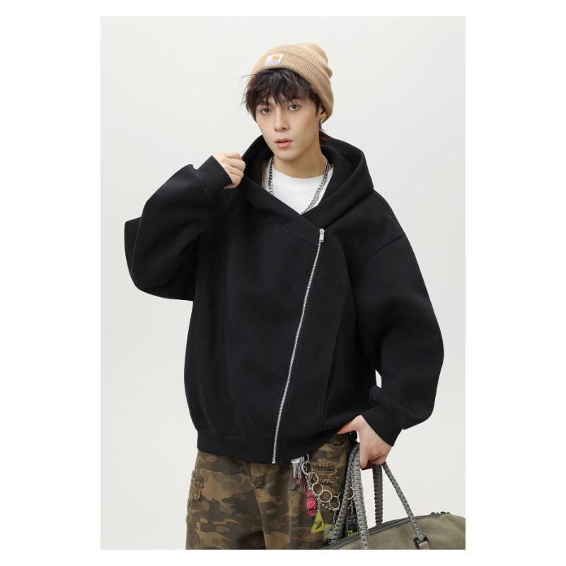 Herren S Locker Kurz Weite Silhouette Kapuzenpullover Freizeit Diagonal Reißverschluss Oberbekleidung