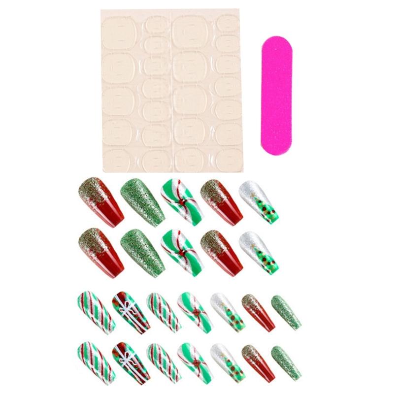 

24pcs Christmas Press On Nail Set With Nail Glues And Buffer Stick Holiday Party Nail Decorations Easy Artificial Nail 1