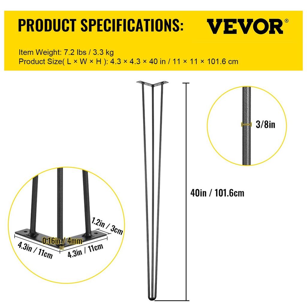 Hairpin Table Legs 40 Inch Black Set of 4 Desk Legs Each 220lbs Capacity Hairpin Desk Legs 3 Rods for Bench Desk Dining End Table Chairs Carbon Steel