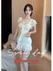 Sexy Hip-Hugging Mesh Splice Fringe Dress – Slim-Fit, Low-Cut Fashion for Bold Style