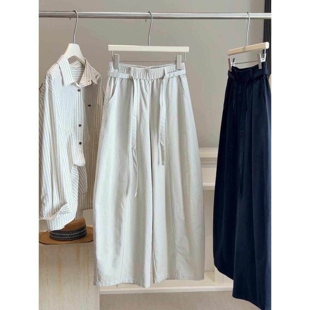 Women's High Waist Elastic Drawstring Wide Leg Pocket Solid Casual Long Pants