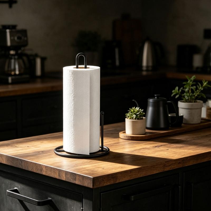 Countertop Paper Towel Holder, Black Metal Standing Roll Stand with Center Post for Kitchen Counter and Bathroom Access
