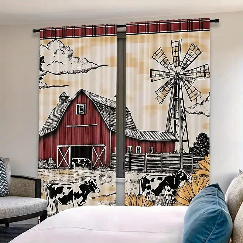 Retro farmhouse print curtains, pole bag curtains 42*84, bedroom and living room, home decoration, room decoration