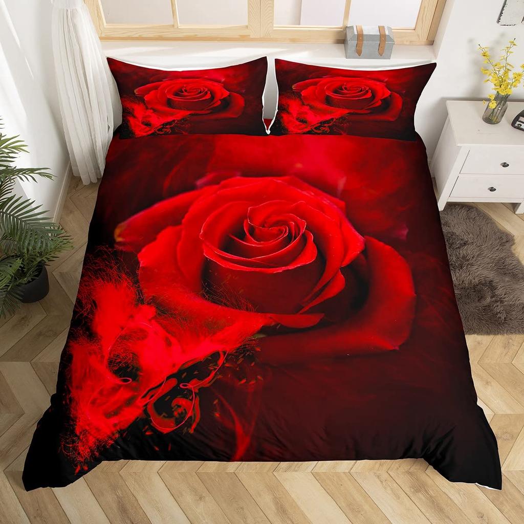Golden Red Rose King Queen Duvet Cover Romantic Floral Bedding Set Valentine's Day Flowers Quilt Cover Polyester Comforter Cover