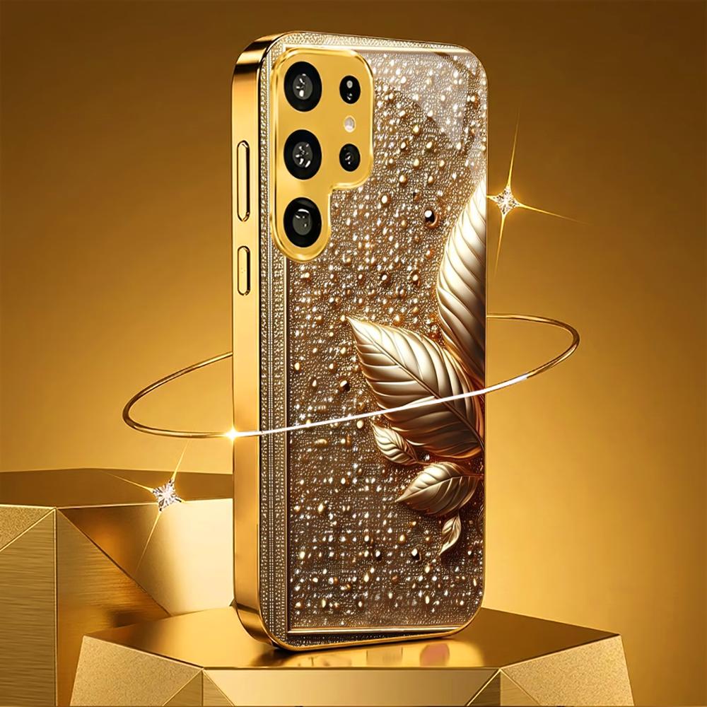 Shimmering golden leaves Hard case Men and women Glass PhoneCase for Samsung Galaxy S26 S25 S24 S23 S22 S21 FE Ultra Plus