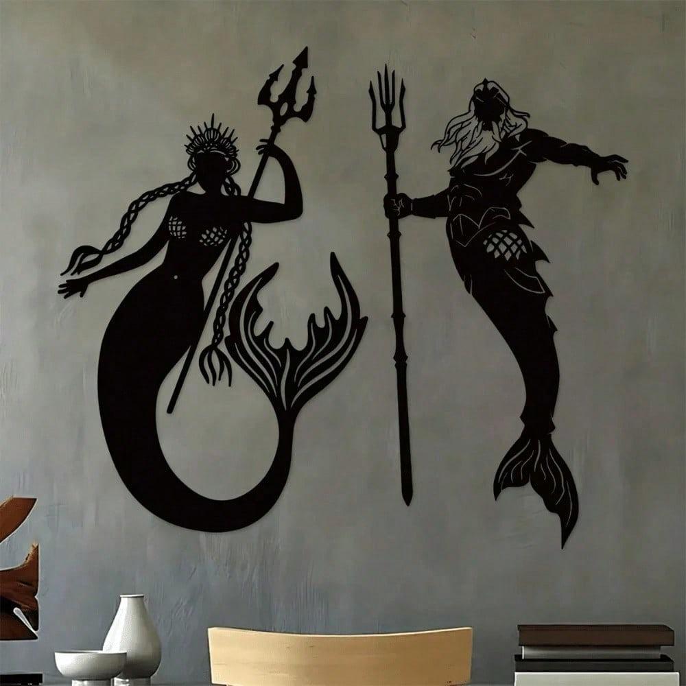 Artisanal Metal Mermaid & Merman Wall Art, Handmade Fantasy Home Decor, Modern Gothic Mythological Sculpture Atlantis