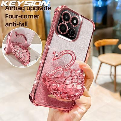 KEYSION Shockproof Plating TPU Phone Case for HONOR X7c Glitter Jewelled Swan Kickstand Back Cover for Honor 200 Smart 5G