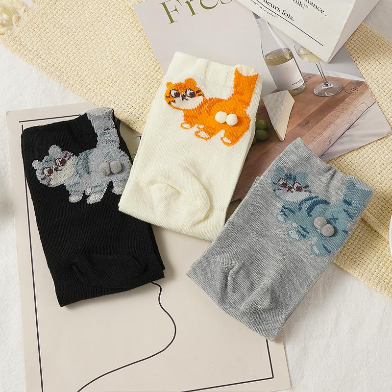 5 Perechi Șosete Desen Animat 3D Design Ou Pisică pentru Femei Moi Confortabile Drăguțe și Amuzante Șosete Tub Mediu