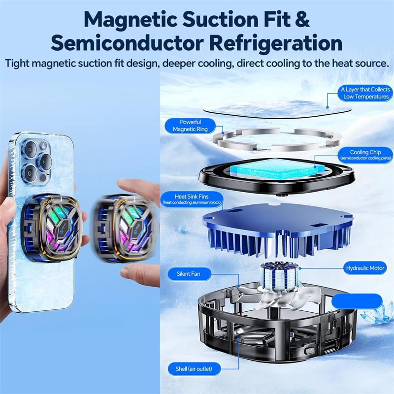 Magnetic RGB Cell Phone Cooling Fan with Temperature Display for Magsafe Mobile Gaming IPad Phone Cooler Air Radiator Aircooler