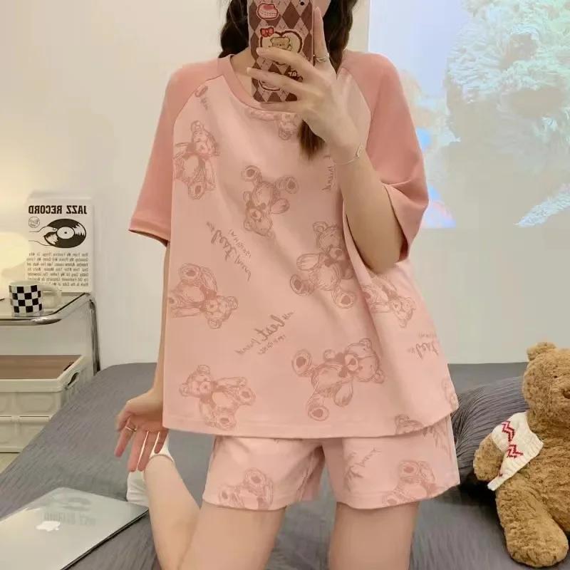 Set for Women's Cartoon Bear Short-Sleeved Shorts Loose Breathable O-Neck Striped Nightwear Homewear Girl Sleepwear