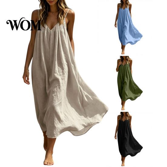 Sleeveless V-neck Dress Women's Spaghetti Strap Beach Sundress, Summer V Loose Fit Neck Cami Dress, Flowy Vacation Long Women