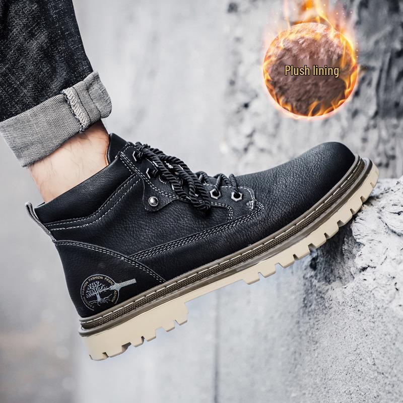 Men's Fleece-Lined Martin Boots, High-Top Leather Work Boots, Non-Slip, British Casual, Wear-Resistant, Large Sizes Available