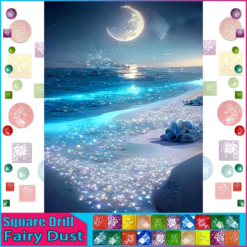 Fairy Dust AB Rhinestone Painting Crystal Decor Diy Diamond Painting "Scenery Beach Moon" 3D Pattern Diamond Embroidery