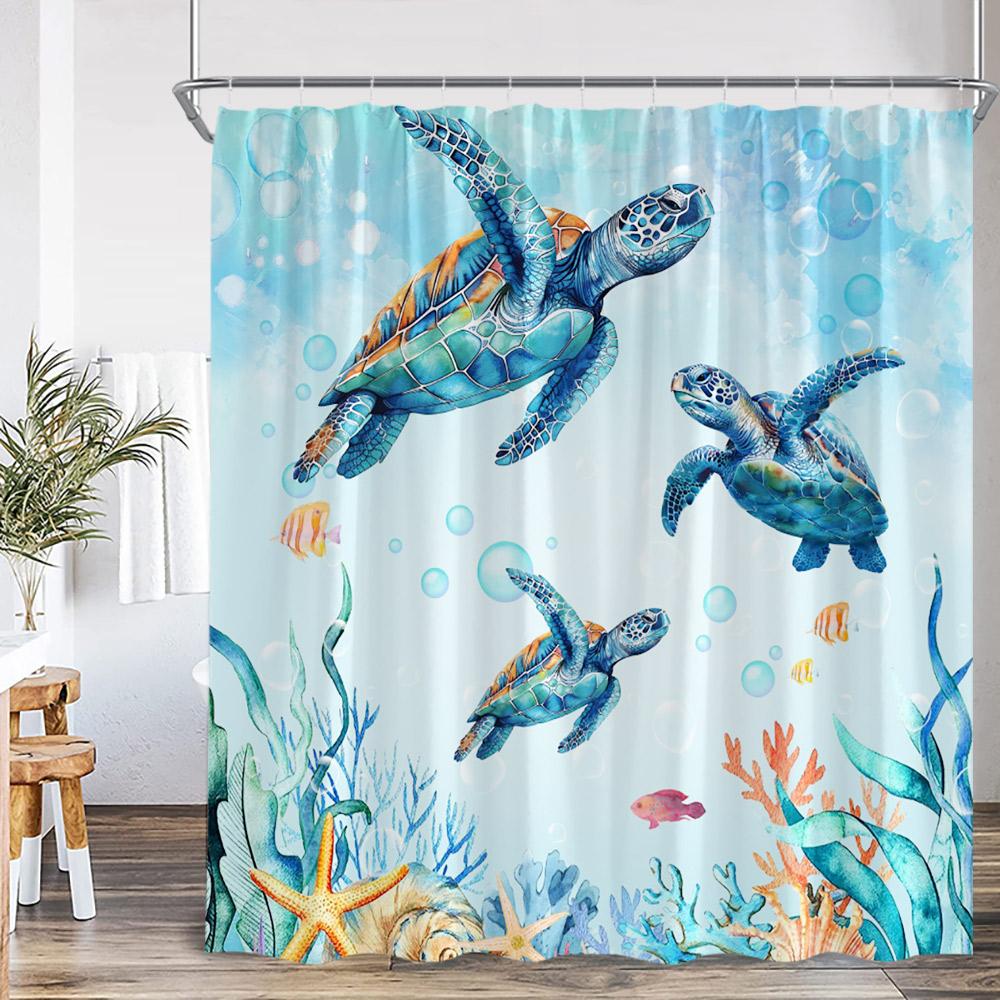 Nautical Marine Life Shower Curtain Anchor Sea Turtle Seastar Octopus Seashell Coral Ocean Summer Bathroom Curtain Decoration
