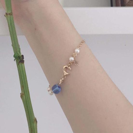 Moon Star Charm Faux Pearl Beads Bracelet Women Bangle Jewelry Gift