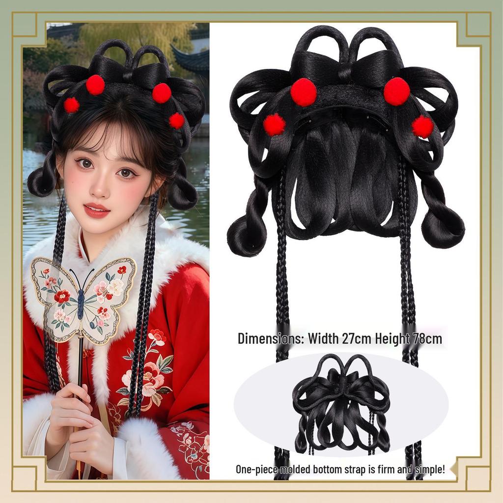 Herbst/Winter Hanfu Perücke und Pompon Stirnband Haaraccessoires Set