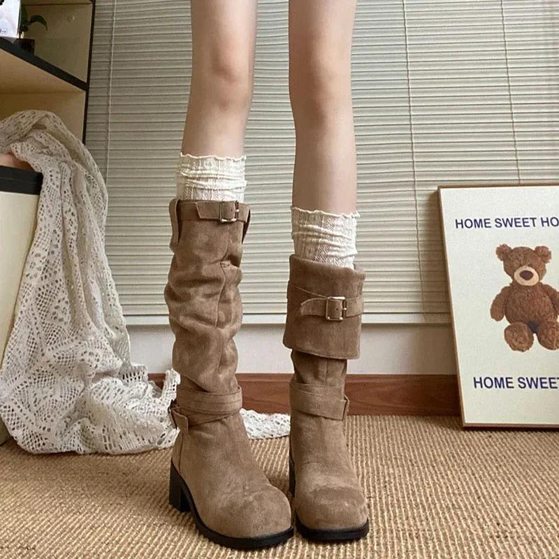 Fashion Platform Thick Heel Women Western Cowboy Boots Fashion Slip On Folded Pile Long Booties Female Shoes Autumn Winter