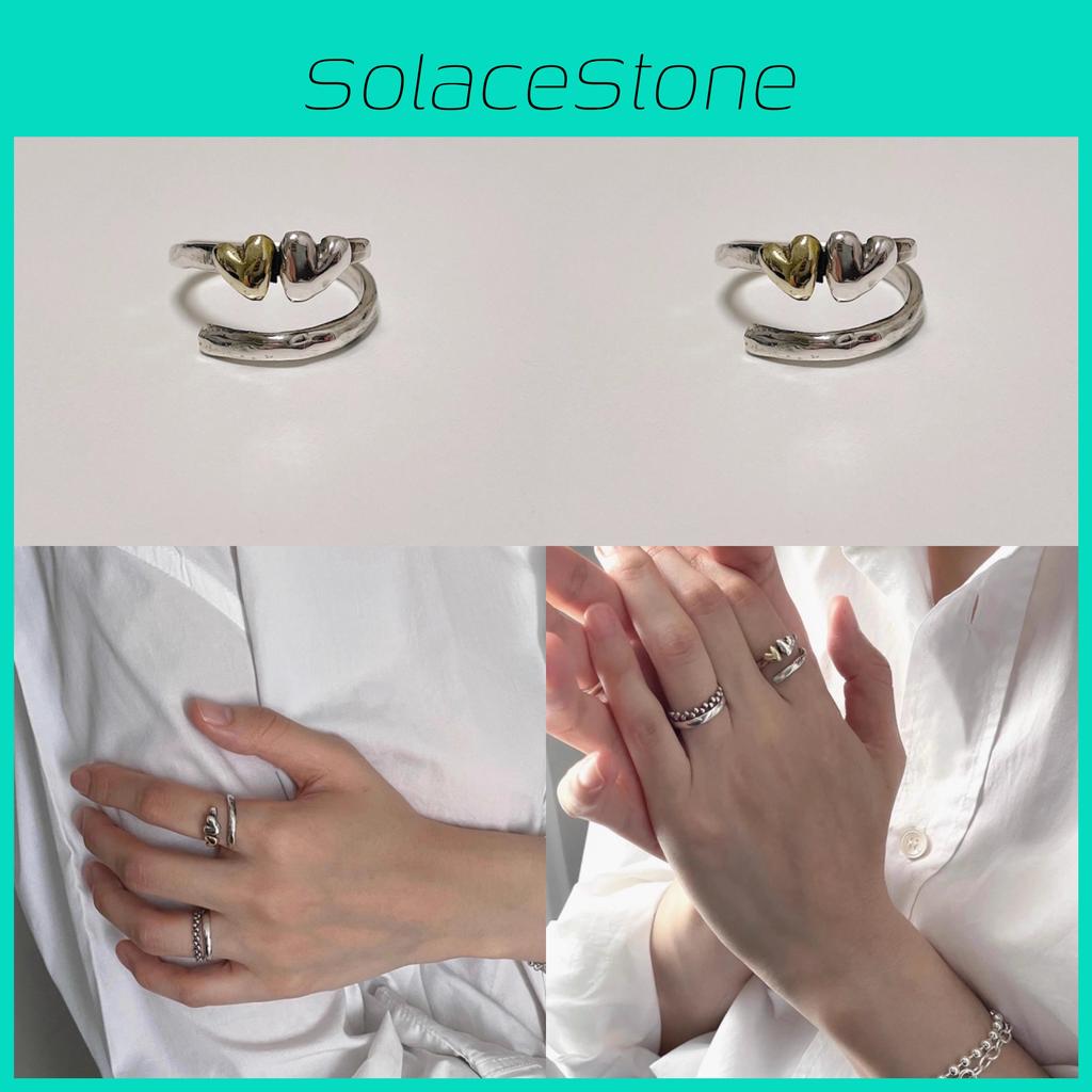 Korean Imported Vintage Handmade Textured Two Heart Adjustable Ring For Women