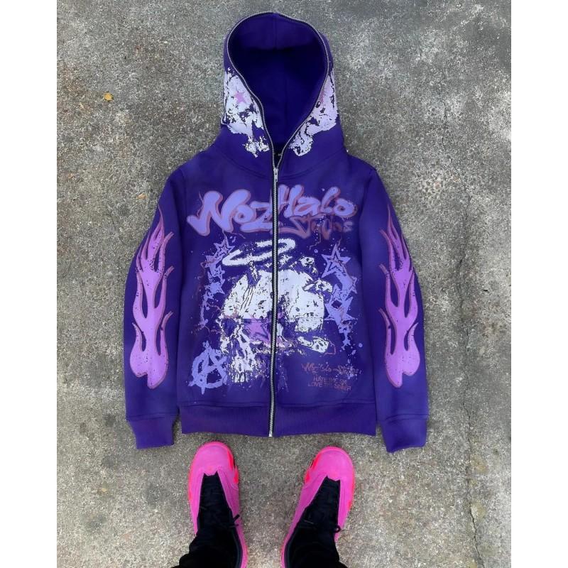 Y2K Retro Harajuku Streetwear Hoodie - Dark Hip Hop Graphic Print Zip Up Loose Fit