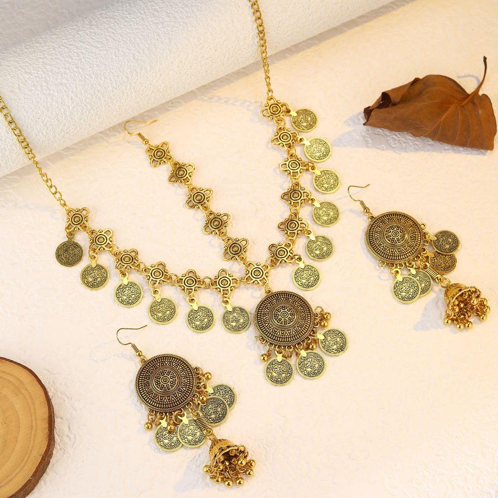 Bohemian Exotic Rhinestone Tassel Necklace & Earrings Set In Antiqued Alloy
