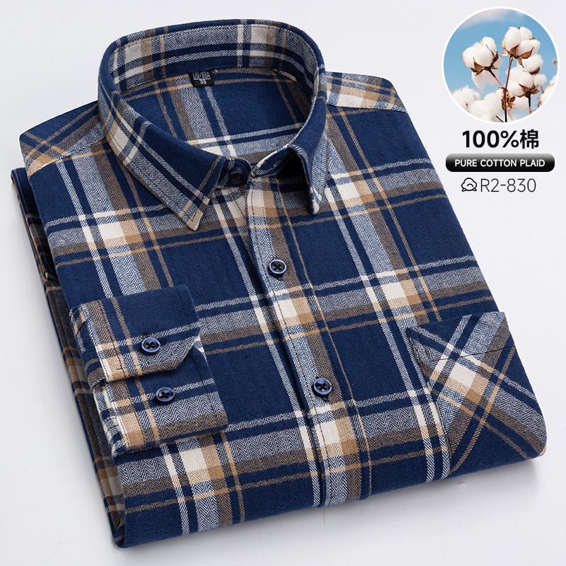 Oversized S~6XL Men's Plaid Shirt Long Sleeve Autumn Spring Soft Standard Fit 100% Cotton Brushed Outerwear Casual Man Clothing