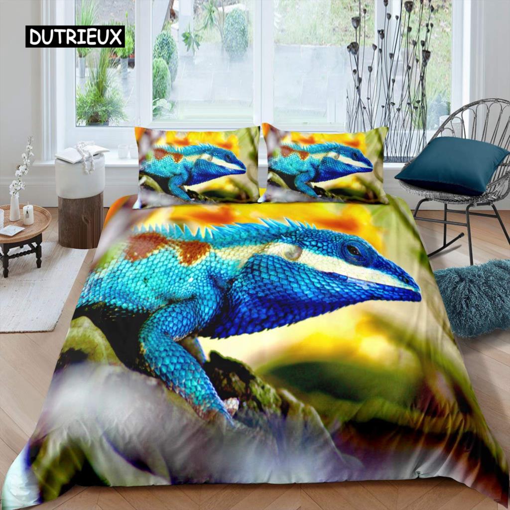 Chameleon Duvet Cover Set 3D Wild Animal Theme Twin Bedding Set Wildlife Comforter Cover Boys Green Leaf Polyester Quilt Cover