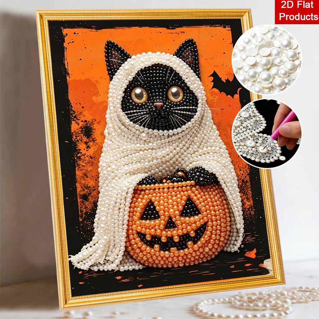 Halloween Black Cat Pumpkin Pearl Painting Art Full Pearl Handmade Diy Home Decorations