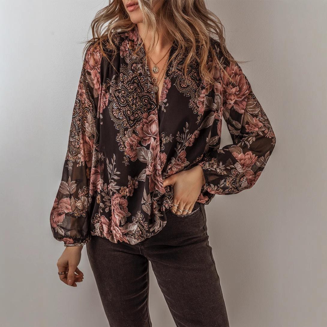 

Shiying V-Neck Floral Print Chiffon Top - Autumn Fashion for Women XL