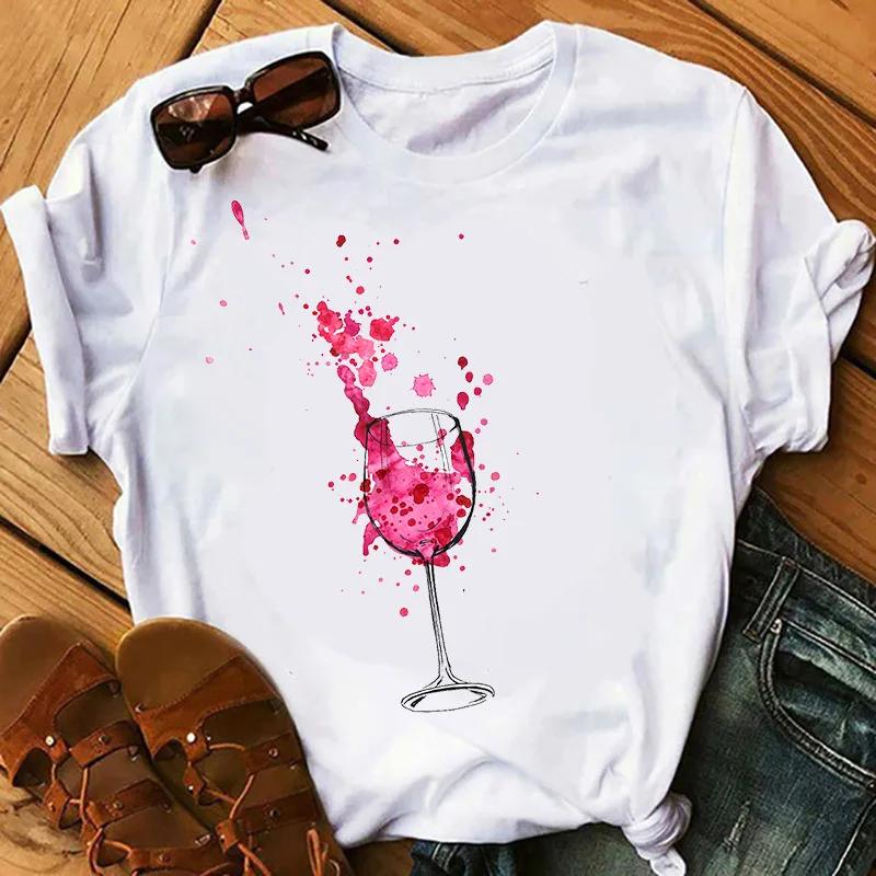 Wine Glass Wine Glass Print Short Sleeve T Shirt Women Vintage Tops Harajuku  Graphic Tshirts Aesthetic Clothes Tee S