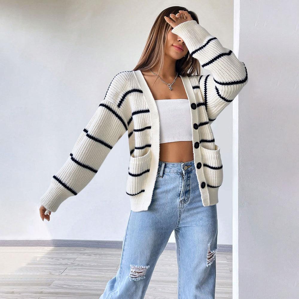 DAFIFY  Women's Fashion Casual Fall Winter Stripe Print Long Sleeve Sweaters