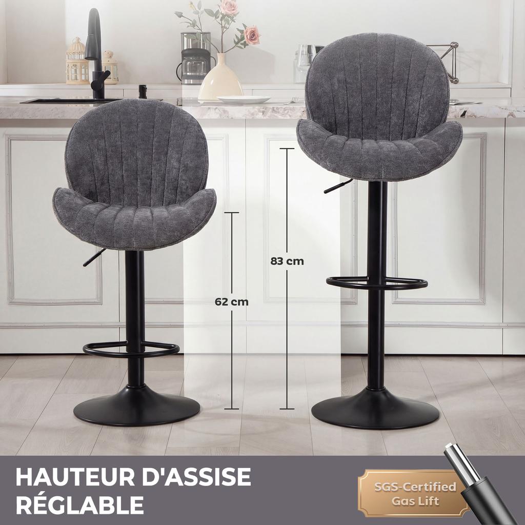 Bar Stools, Set of 2, Adjustable Height, 360 Swivel, Padded Seat, Backrest, Footrest, Grey