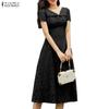 ZANZEA Women Casual V-Neck Short Sleeve Hollow Lace Patchwork Elegant Dress